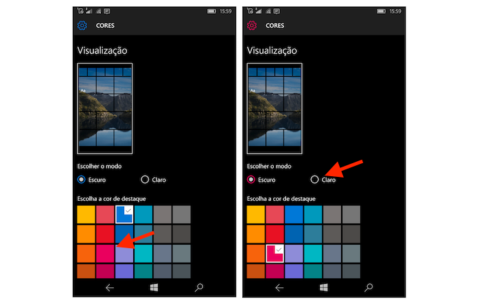 Alterando as opções de cores do Windows 10 Mobile (Foto: Reprodução/Marvin Costa)