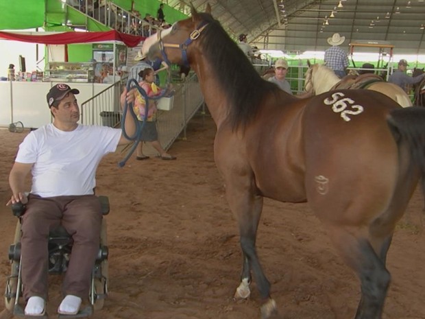 Na cadeira de rodas, Cunha adestra e treina os animais (Foto: Reprodução/ TV TEM)