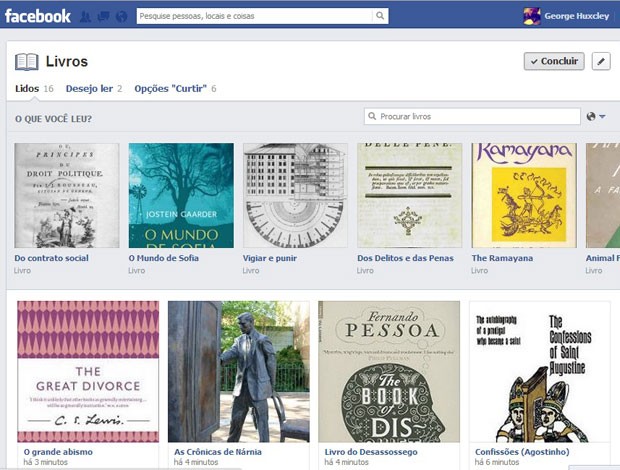 Área de testes do Facebook traz áreas de compartilhamento de livros, músicas, filmes e programas de TV. (Foto: Reprodução)