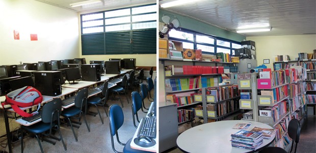 Sala de informática do CEF do Caub 1 e vista geral da biblioteca da escola (Foto: Jamila Tavares / G1)