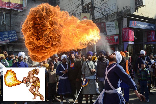 Cena que lembra golpe de personagem do 'Street Fighter' foi clicada em Amritsar, na Índia (Foto: Narinder Nanu/AFP)