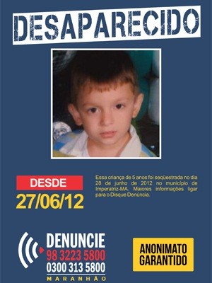 Disque-denúncia divulga cartaz de menino sequestrado em Imperatriz (Foto: Divulgação)