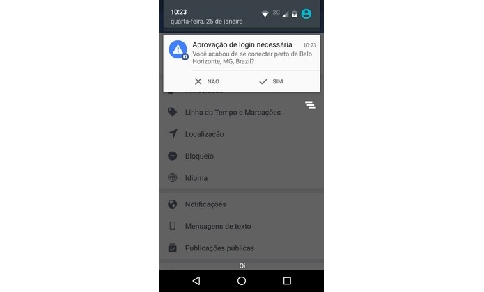 Notificação com aprovação de login no aplicativo do Facebook (Foto: Reprodução/Raquel Freire)