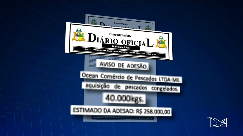 No Diário Oficial de Chapadinha, aparece uma tomada de preços para compra de 40 T de pescado, num valor total de R$ 258 mil (Foto: Reprodução TV Mirante)