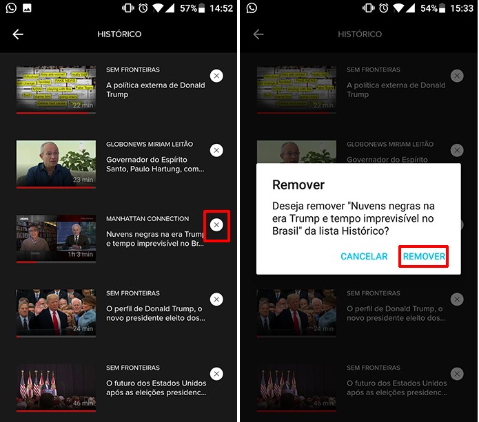 Usuário pode remover programa assistido do histórico do Globosat Play (Foto: Reprodução/Elson de Souza)