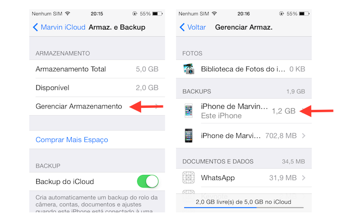 Acessando as opções de backup no iClou do dispositivo iOS (Foto: Reprodução/Marvin Costa)