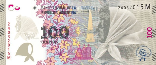 Cdula de 100 pesos argentinos ganhou verso em homenagem s Mes e Avs da Plaza de Mayo (Foto: Divulgao/Casa de Moneda)
