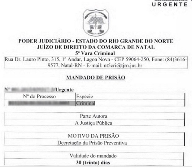 Trecho do mandado que destaca o caráter da prisão, no caso preventiva, e a validade de 30 dias para que seja cumprido (Foto: G1/RN)