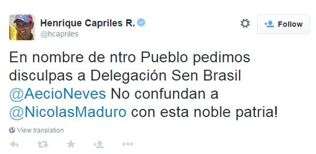 Líder opositor na Venezuela Henrique Capriles tuita pedido de desculpas a senadores brasileiros que foram à Venezuela (Foto: Reprodução/ Twitter/ Henrique Capriles)