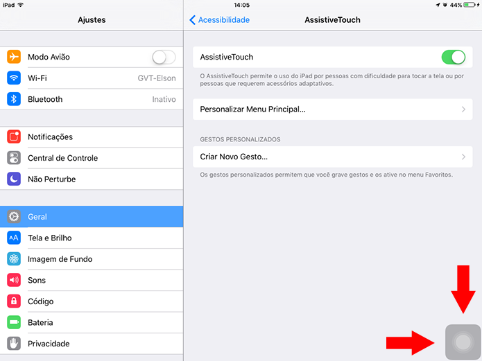 Posicione o botão virtual do AssistiveTouch no canto inferior direito da tela (Foto: Reprodução/Elson de Souza)