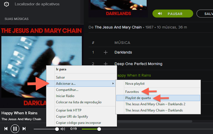 Enviando uma música para uma playlist ou para a pasta de favoritos do Spotify (Foto: Reprodução/Marvin Costa)