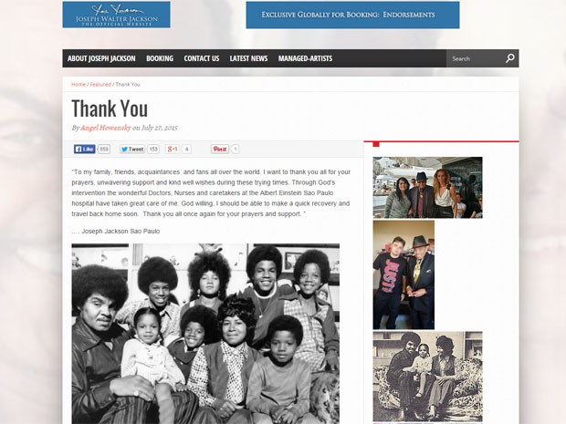 Mensagem original de Joe Jackson em seu site (Foto: Reprodução)