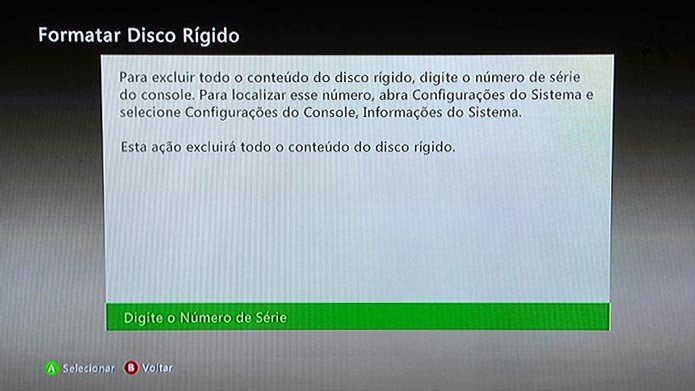 Digite o número de série do Xbox 360 para confirmar a formatação (Foto: Reprodução/Tais Carvalho)