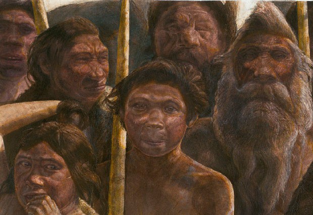 Ilustração mostra como seriam o ancestral do ser humano que vivia na Espanha há 400 mil anos (Foto: Javier Trueba, Madrid Scientific Films/Nature)