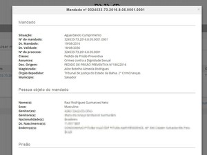Mandado de prisão foi expedido pela Justiça baiana em agosto (Foto: Reprodução/ Banco Nacional de Mandados de Prisão) Mandado de prisão foi expedido pela Justiça baiana em agosto (Foto: Reprodução/ Banco Nacional de Mandados de Prisão)