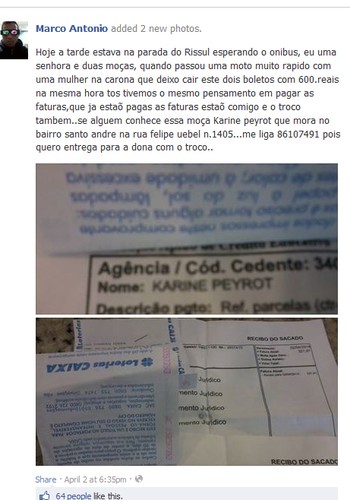 Postagem feita por Marco Antonio para tentar encontrar a dona do dinheiro (Foto: Reprodução/Facebook)