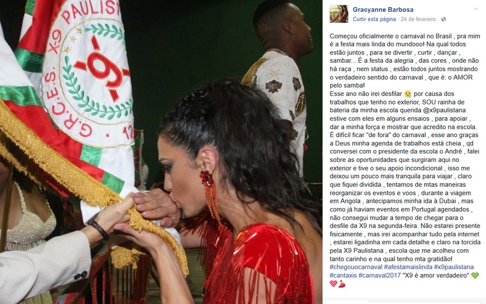 Gracyanne escreveu mensagem lamentando não poder desfilar pela X-9 (Foto: Reprodução/Facebook/Gracyanne Barbosa)