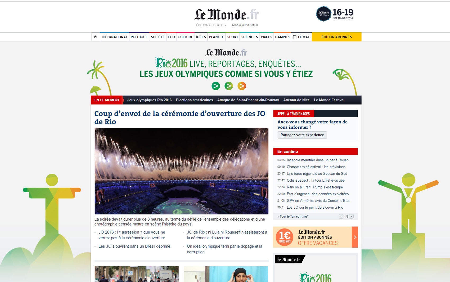 'Le Monde' também deu destaque à cerimônia de abertura da Olimpíada do Rio