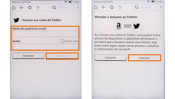 Agora cadastre a conta do Kindle para compartilhar os e-books no microblog (Foto: Reprodução/Barbara Mannara)