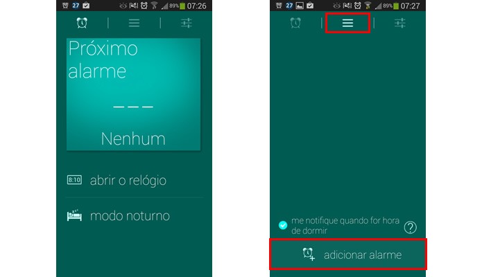Inicie o app, clique na aba central e crie ou configure seus alarmes para despertar (Foto: Reprodução/Daniel Ribeiro)