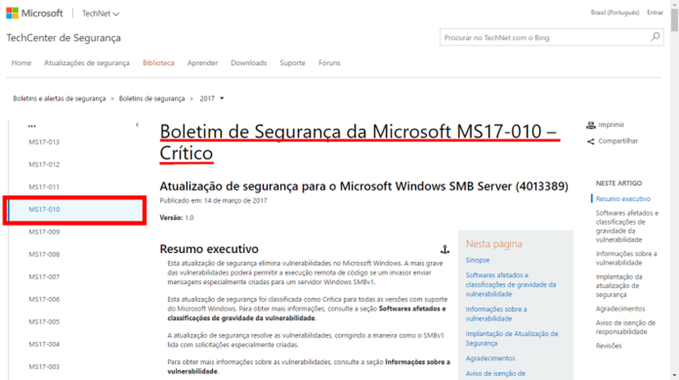 Página do patch de segurança da Microsoft contra o WannaCrypt (Foto: (Felipe Alencar/TechTudo))