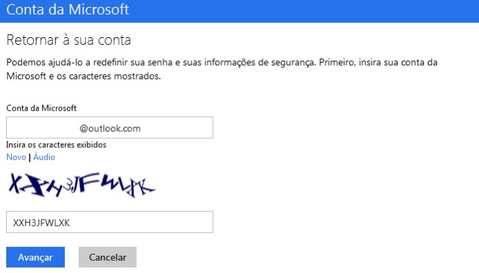 Digitando a conta Microsoft que será redefinida a senha (Foto: Reprodução/Edivaldo Brito) Digitando a conta Microsoft que será redefinida a senha (Foto: Reprodução/Edivaldo Brito)