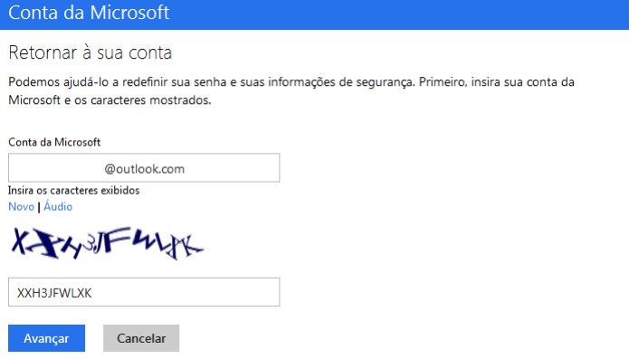 Digitando a conta Microsoft que será redefinida a senha (Foto: Reprodução/Edivaldo Brito)