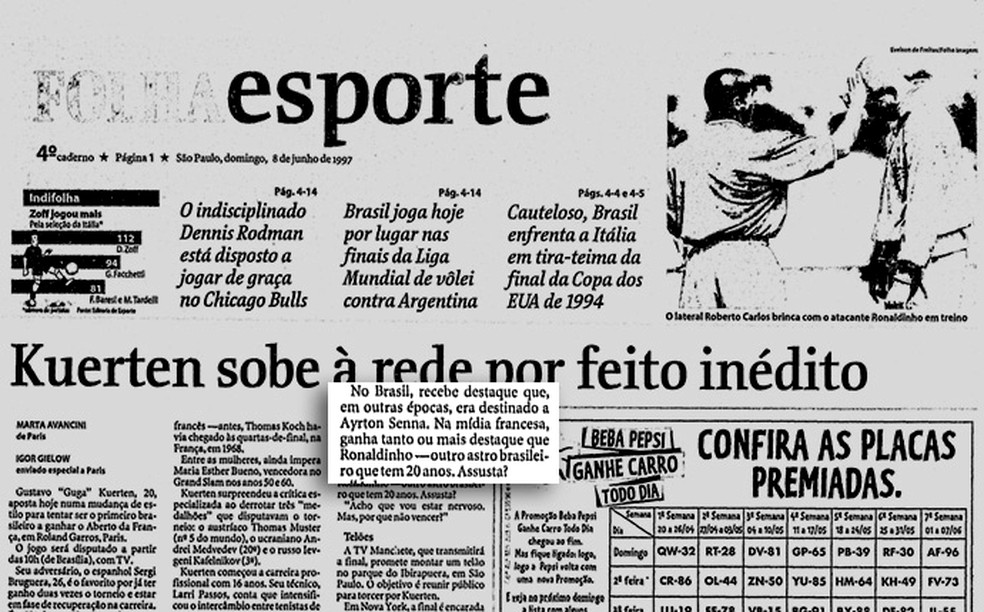 No dia da final de Roland Garros, Folha de São Paulo diz que Guga recebe o destaque que era destinado a Ayrton Senna (Foto: Infoesporte)
