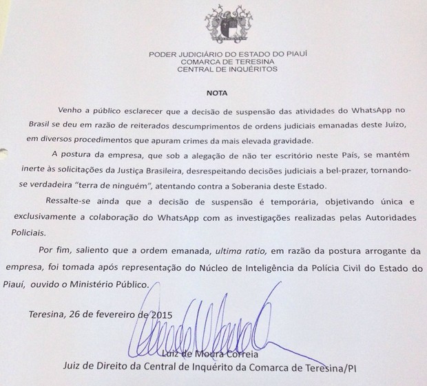 Juiz informou que WhatsApp descumpriu decisões judiciais repetidamente (Foto: Gilcilene Araújo/G1)