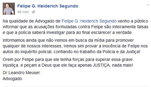Advogado de Felipe G. Heiderich Segundo postou mensagem em defesa do pastor (Foto: Reprodução/Facebook)