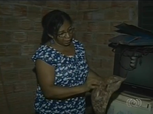 Marlene Rodrigues mostra material de trabalho que perdeu com a chuva (Foto: Reprodução/TV Anhanguera)