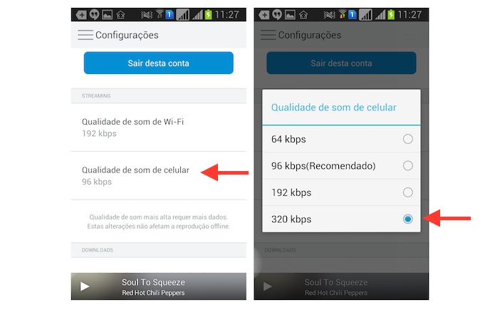 Configurando a qualidade máxima do streaming do Rdio via dados do celular no Android (Foto: Reprodução/Marvin Costa)