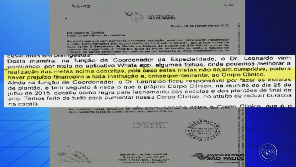 Ofício diz que metas para realização de parto normal devem ser cumpridas Bauru (Foto: Reprodução/TV TEM)