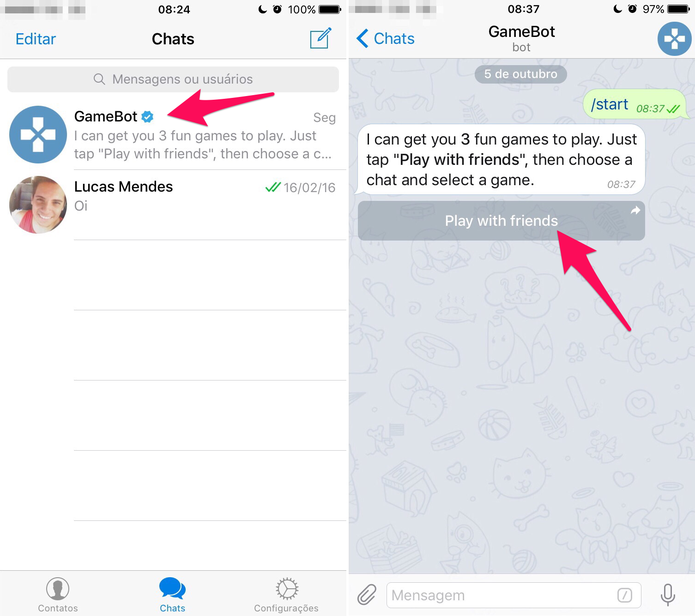 Abra a conversa com o GameBot no Telegram (Foto: Reprodução/Lucas Mendes)