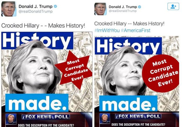 Tuítes postados pelo candidato republicano Donald Trump sobre Hillary. A primeira postagem, com a estrela, foi rapidamente apagada e substituída (Foto: Reprodução/Twitter/realDonaldTrump)