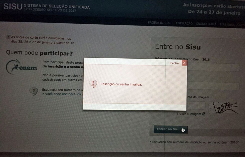 No primeiro dia de inscrições, estudantes reclamam de problemas para acessar o site do Sisu (Foto: Reprodução)