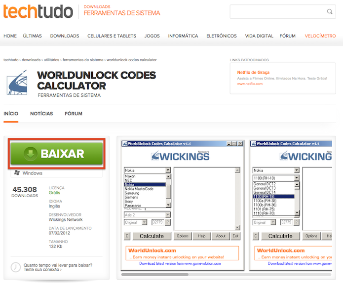 Download do WorldUnlock Codes Calculator (Foto: Reprodução) Download do WorldUnlock Codes Calculator (Foto: Reprodução)