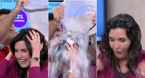 Desafiada por Ivete Sangalo, Fátima toma banho de balde com gelo ao vivo