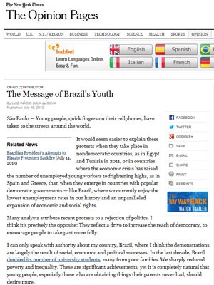 Reprodução do artigo de Lula no 'New York Times', na versão digital, nesta terça-feira (16) (Foto: Reprodução)