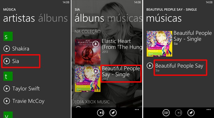 Escolha o artista, álbum e música que deseja enviar no seu Nokia Lumia (Foto: Reprodução/Elson de Souza)