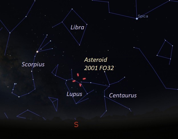 Localização do asteroide 2001 FO32 em 20 de março, vista do sul dos Estados Unidos (Foto: Eddie Irizarry/Stellarium) Localização do asteroide 2001 FO32 em 20 de março, vista do sul dos Estados Unidos (Foto: Eddie Irizarry/Stellarium)