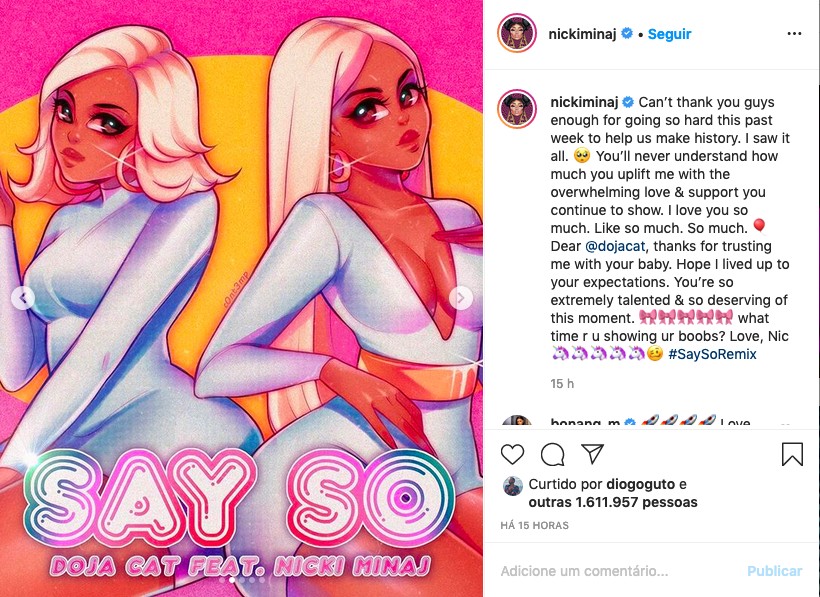O post de Nicki Minaj celebrando a chegada de sua canção com Doja Cat ao primeiro lugar no ranking de mais tocadas e cobrando a promessa feita pela amiga (Foto: Instagram)