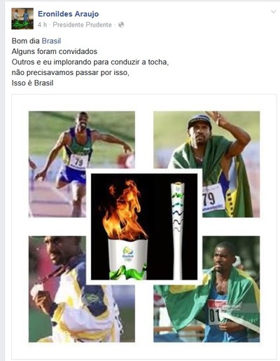 Eronildes Araújo, desabafo, tocha olímpica (Foto: Reprodução / Facebook)