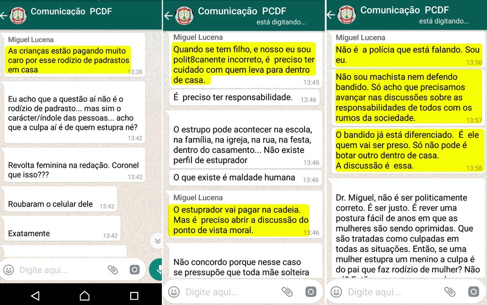 Discussão em grupo de mensagens da Polícia Civil do DF; texto grifado é de diretor de comunicação da corporação (Foto: WhatsApp/Reprodução)