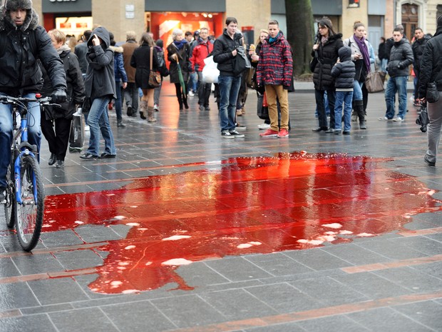 Ativistas derramam sangue animal em praça durante protesto (Foto: Remy Gabalda/AFP)