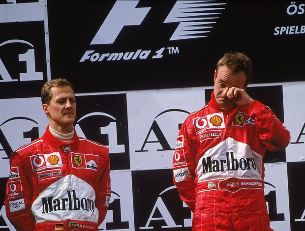 Michael Schumacher Rubens Barrichello pódio GP Áustria Fórmula 1 2002 (Foto: Agência Getty) Michael Schumacher Rubens Barrichello pódio GP Áustria Fórmula 1 2002 (Foto: Agência Getty)