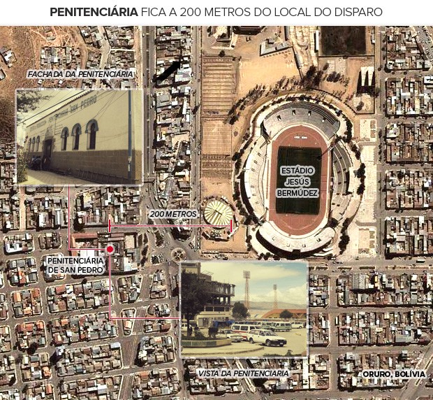 Cárcere de San Pedro, onde ficarão os torcedores do Corinthians presos na Bolívia (Foto: globoesporte.com (com fotos de Diego Ribeiro e imagem do Google))