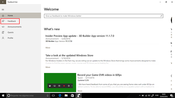 Feedback Hub tem área específica para fazer reclamações no Windows 10 (Foto: Reprodução/Elson de Souza)