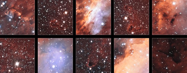 Imagens mostram amontoado de nuvens de gás que compõem a Nebulosa do Camarão (Foto: Martin Pugh/ESO)