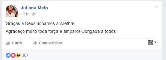 Post de Juliana Melo, irmã de Aretha Pearl (Foto: Reprodução/Facebook)